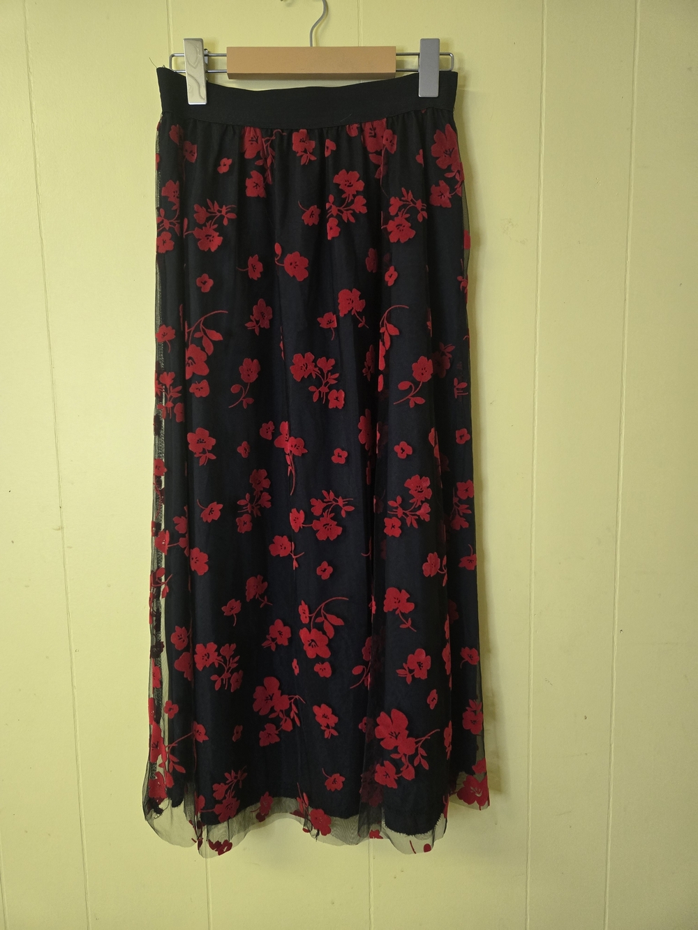 SHEIN Black Maxi Skirt with Red Floral Overlay